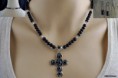 HANDMADE 72% SILVER CROSS WITH CRYSTALS AND BLACK GLASS BEADS NECKLACE AND EARRINGS SET